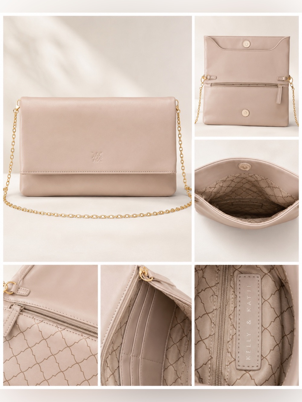 Kelly & Katie Blush Beige Crossbody Clutch Purse Gold Chain Magnetic Closure
